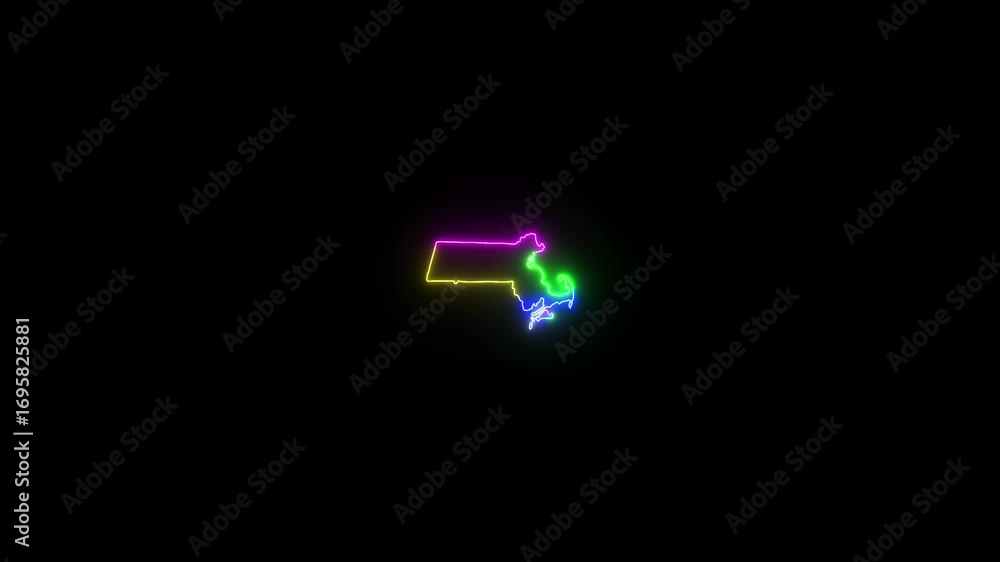 Poster this video neon glowing massachusetts map animated. zoom showing colorful use map with black backgro