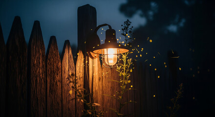 Fireflies Flying Around Fence Light at Night