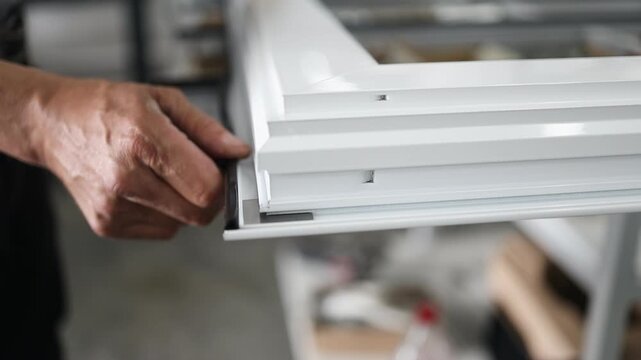 Precision factory worker installing black rubber seal into white aluminum window frame, ensuring tight weatherproof fit with professional craftsmanship and attention to detail