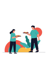 A man and woman serving food to people at a gathering or event with decorative elements in the background