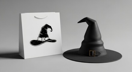 Spooky Halloween witch hat with buckle and shopping bag graphic, perfect for seasonal promotions and party invitations