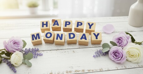 Happy Monday Wooden Blocks with Flowers on White Table Good Morning Concept