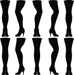 Collection of Black Silhouette Female Legs in High Heels and Stockings vector