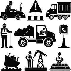 Collection of black silhouette icons related to construction and industry Keywords: construction, industry