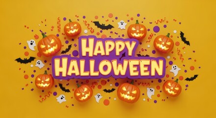 Celebrate the Spooky Season with Fun Halloween Pumpkins, Bats, and Ghosts on a Cheerful Background for Your Holiday Projects