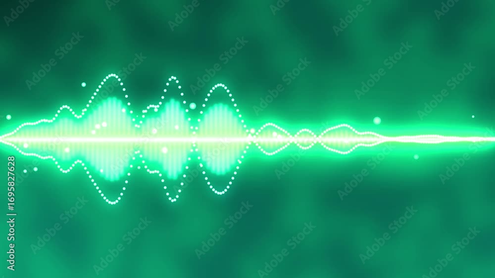 Poster vivid green sound wave equalizer with bright dots and bokeh on a deep green blurred background audio