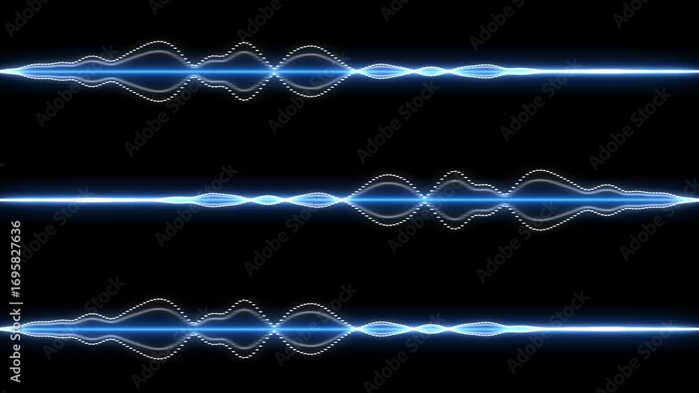 Poster three horizontal blue neon sound wave visualizations with glowing particles on a black background au