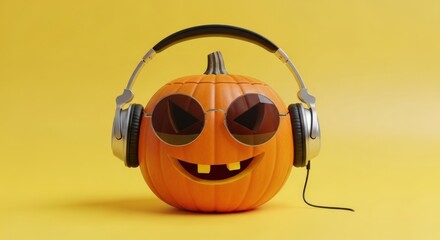 Halloween party vibes with this cool pumpkin wearing headphones and sunglasses on a vibrant yellow background looking festive and fun