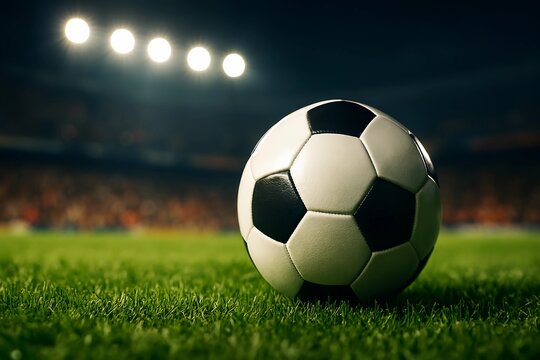 Soccer ball sits on the grass field under stadium lights ready for the game