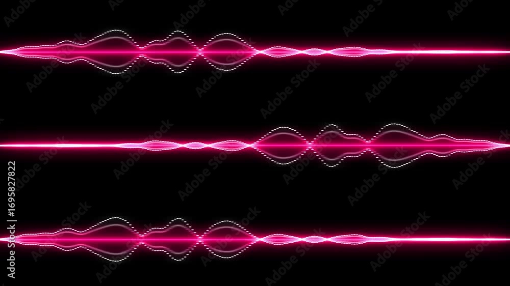Poster three horizontal glowing pink audio waveforms with white dots and particles on a black background so