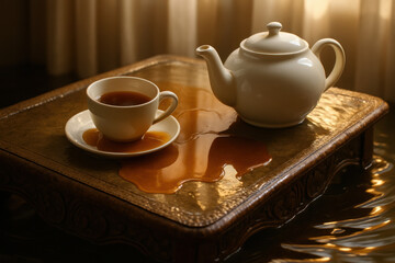 Fototapeta premium Overflowing teacup with brown tea spilling onto wooden table beside white porcelain teapot in soft morning sunlight