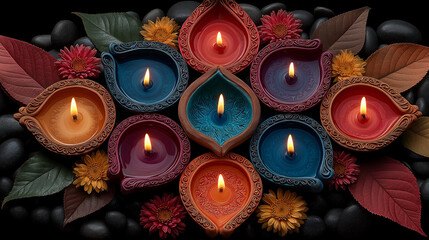 Naklejka premium Diwali symbol concepts with light drop splash isolated on dark background, Greeting card for Happy Diwali Festival of light with clay Diya lamps.