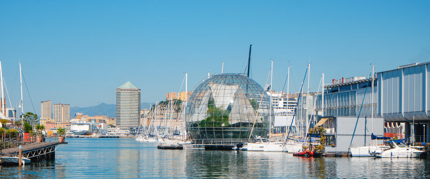 panoramic view of Genoa Porto Antico with Biosfera