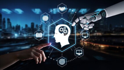 AI robot hand and human finger connect with futuristic brain technology icons symbolizing innovation, learning, and global data flow in a vibrant city nightscape