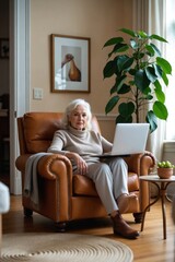 Senior woman engaged in a telehealth video consultation with a doctor from her serene and comfortable sunlit home, using a laptop.