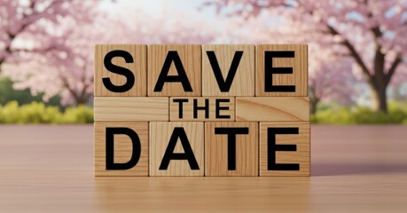 Save The Date Invitation on Wooden Blocks with Cherry Blossom Background