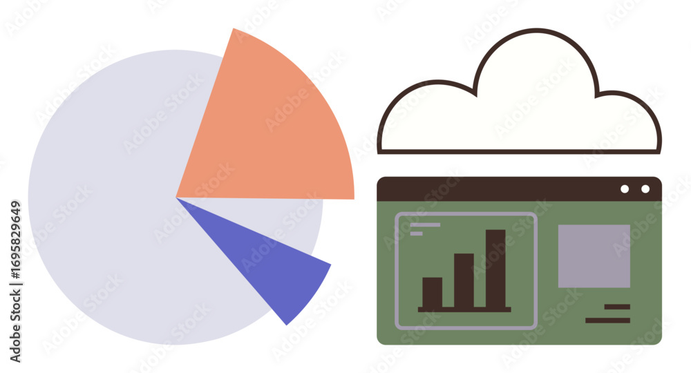 Poster pie chart with segmented data alongside a cloud icon and bar graph interface. ideal for analytics, b