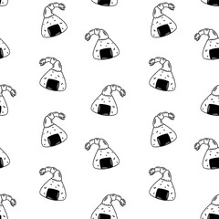Onigiri with shrimp line art vector seamless pattern. Sushi print, packaging design, background