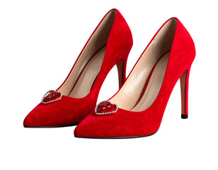 Elegant Red Velvet Shoes with Heart Details &ndash; Isolated PNG