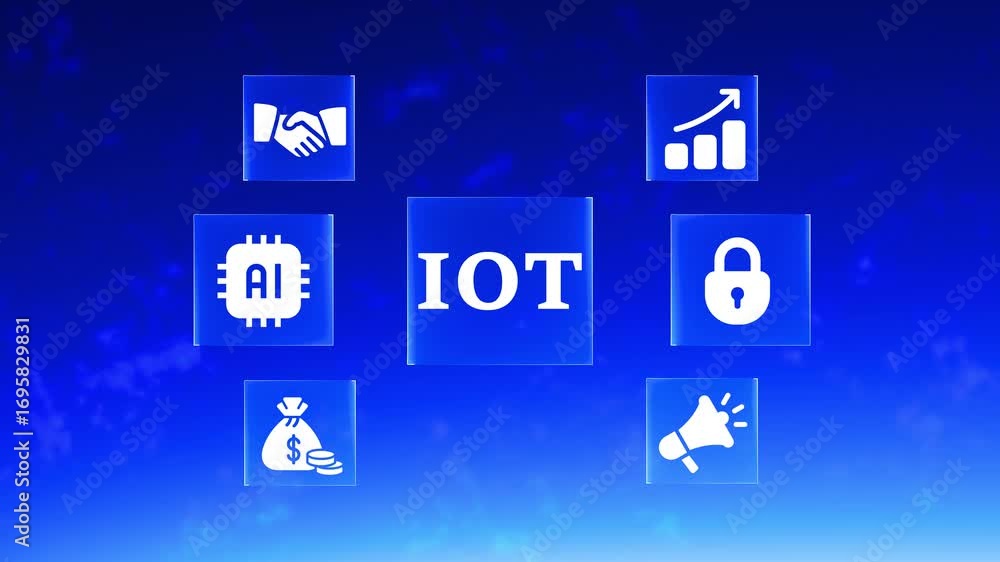 Poster internet of things concept with ai and business icons on a blue sky background artificial intelligen