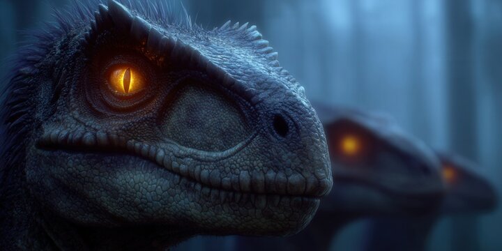 A detailed view of a raptor with glowing eyes, set in a moody, atmospheric scene.