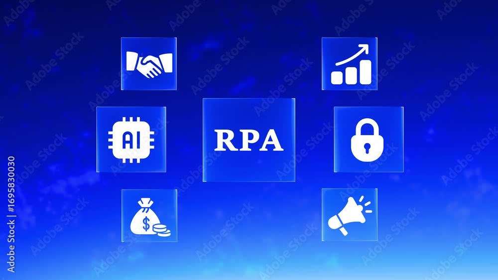 Poster rpa concept with ai and business icons on a blue sky background robotic process automation artificia