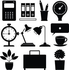 Office Desk Icons: Black & White Vector Illustration of Calculator, Binders, Clock, Lamps, Coffee, Plants, Briefcase, & Stationery