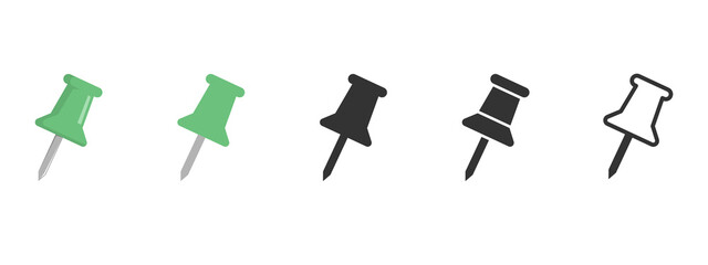 Push pin“Vector push pin set in green, black, and outline styles. Thumbtack icons for office stationery, corkboards, reminders, notes, maps, planners, and digital design projects.