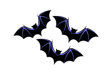 Fototapeta premium Four black bats with purple wing details flying through white clouds, isolated on a transparent background