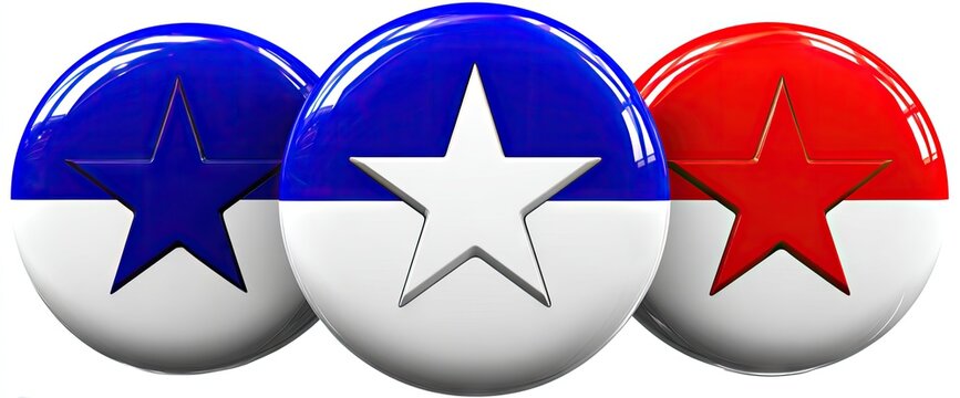 Three glossy, round buttons, each with a star and divided into blue, white, and red sections, arranged in a horizontal row