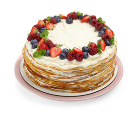 Delicious crepe cake with fresh berries isolated on white