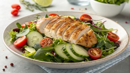 Grilled chicken salad topped with fresh vegetables served in a sunny outdoor setting on a warm afternoon