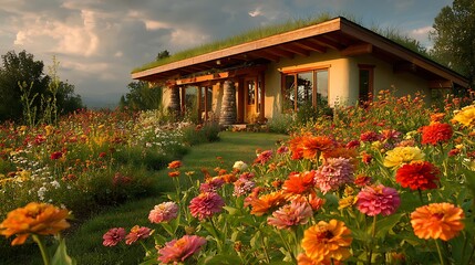 Earthen House with Green Roof Amidst Vibrant Flower Garden
