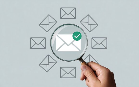Magnifying glass reveals checked email icon surrounded by other outlined envelopes, symbolizing successful communication and inbox verification for modern business needs