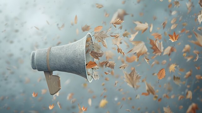 Woolen megaphone with flying autumn leaves on cloudy background — cozy seasonal concept