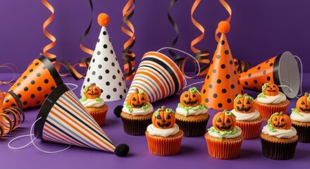 Get ready to celebrate Halloween with festive pumpkin cupcakes and party hats for an unforgettable spooky gathering with friends