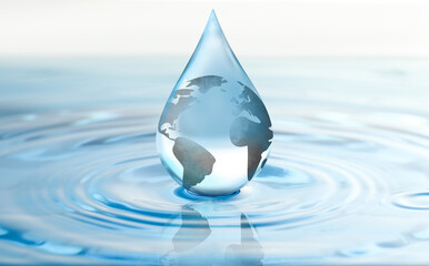 Save water concept, banner design. Drop with Earth inside falling into water