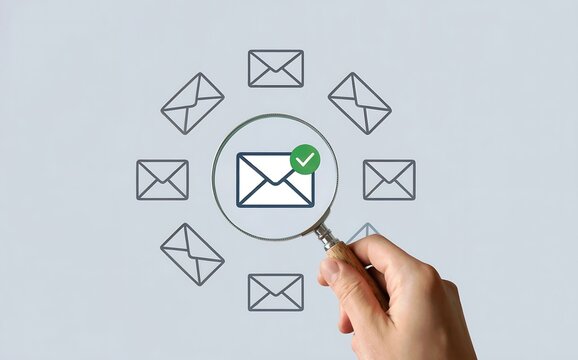 Hand with email symbol. Magnifying glass reveals checked email icon surrounded by other outlined envelopes, symbolizing successful communication and inbox verification for modern business needs