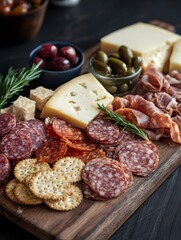 A gourmet charcuterie board filled with assorted meats, cheeses, crackers, and olives, styled for an elegant gathering