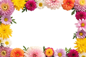 Obraz premium Vibrant flower border featuring dahlias, daisies, chrysanthemums in yellow, pink, orange, white creating colorful frame, isolated on a transparent background