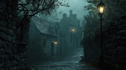 streetlight rainy night foggy sky stunning horror forest background scary empty liminal spaces cobblestone roads