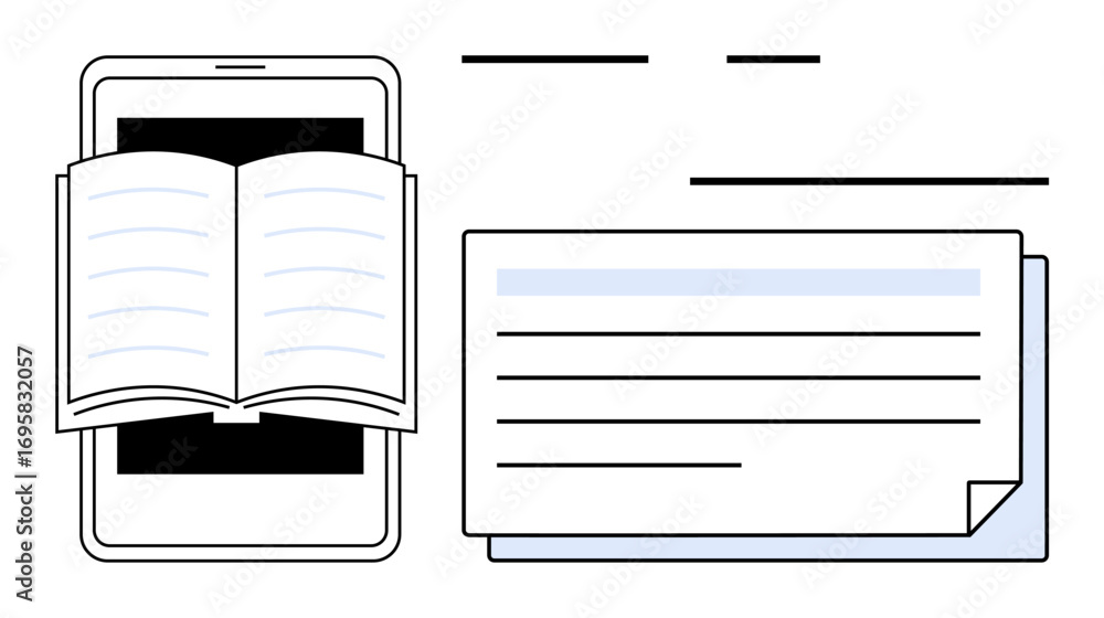 Poster open book placed on smartphone screen with text document beside it, symbolizing blended learning. id