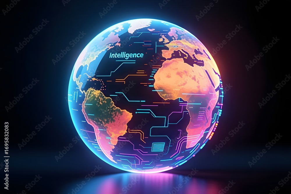 Fototapete a vividly illuminated digital globe displays interconnected circuit patterns across continents again