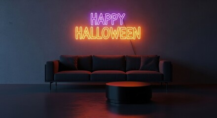 Modern living room ready for Halloween night with a neon sign glowing above a sleek sofa and table, perfect for spooky season vibes
