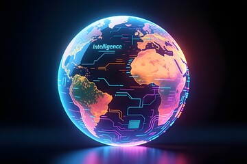 A vividly illuminated digital globe displays interconnected circuit patterns across continents against a stark black backdrop representing global ligence networks.
