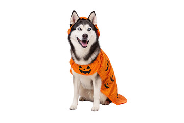 Siberian Husky dog wearing orange Halloween pumpkin costume with jack-o'-lantern face design, sitting happily, isolated on a transparent background