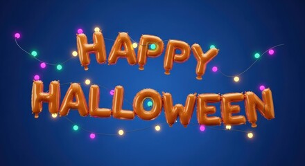 Fun Halloween celebration with vibrant orange balloon letters and colorful string lights against a cheerful blue background