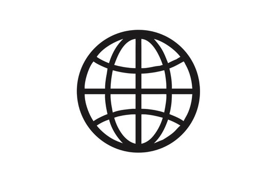 World globe symbol with latitude longitude grid lines in minimalist black outline vector illustration format, isolated on a transparent background