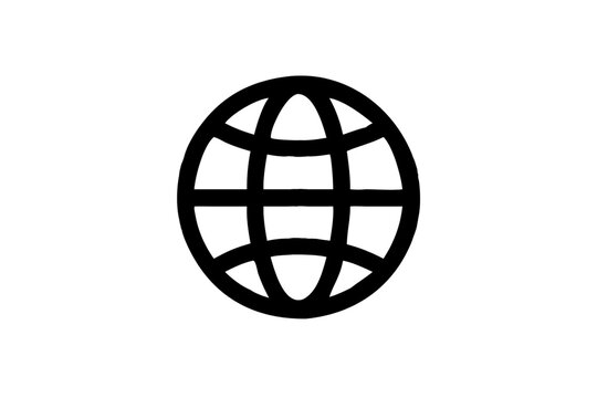 Earth planet icon with meridian parallel coordinate lines in clean geometric black linear design style, isolated on a transparent background