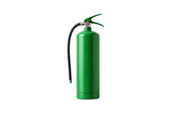 Bright green portable fire suppression device with black operating lever and discharge nozzle assembly, isolated on a transparent background
